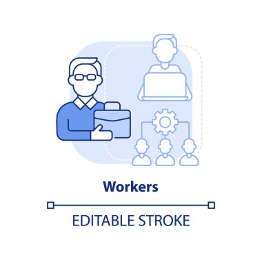 Workers light blue concept icon. Category of cooperative members abstract idea thin line illustration. Business operations. Isolated outline drawing. Editable stroke. Arial, Myriad Pro-Bold fonts used