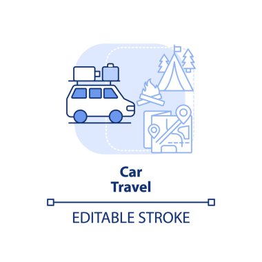 Araba yolculuğu açık mavi konsept ikonu. Aile eğlencesi, tatil. Soyut fikir ve ince çizgiler çizerek birlikte güzel vakit geçirin. İzole bir taslak çizim. Düzenlenebilir felç. Arial, Myriad Pro-Kalın yazı tipleri