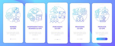 Mobil uygulama ekranında kooperatif mavi gradyan türleri. İş gezintisi 5 adım grafik talimatlar sayfaları doğrusal kavramlarla. UI, UX, GUI şablonu. Kullanılan sayısız Pro-Kalın, Düzenli yazı tipleri