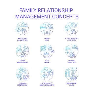 Aile ilişkileri yönetimi mavi gradyan konsept simgeleri ayarlandı. Aile üyeleriyle vakit geçirmek ince çizgi renk çizimleri fikri. İzole semboller. Kullanılan Roboto-Orta, Myriad Pro-Kalın yazı tipleri