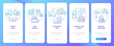 Mobil uygulama ekranında mavi gradyan birlikte iyi vakit geçirin. Çizgisel kavramlarla dolu 5 aşamalı grafik talimatları. UI, UX, GUI şablonu. Kullanılan sayısız Pro-Kalın, Düzenli yazı tipleri