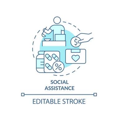 Sosyal yardım turkuvaz konsept simgesi. Ödeme ve sübvansiyonlar. Sosyal koruma fikri soyut ince çizgi çizimi. İzole bir taslak çizim. Düzenlenebilir felç. Arial, Myriad Pro-Kalın yazı tipleri