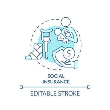 Sosyal sigorta turkuaz konsept ikonu. Acil tazminat. Sosyal koruma fikri soyut ince çizgi çizimi. İzole bir taslak çizim. Düzenlenebilir felç. Arial, Myriad Pro-Kalın yazı tipleri