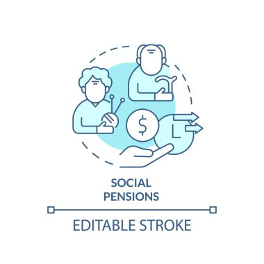 Sosyal emeklilik turkuvaz konsept simgesi. Finansal destek. Sosyal yardım fikri soyut ince çizgi çizimi. İzole bir taslak çizim. Düzenlenebilir felç. Arial, Myriad Pro-Kalın yazı tipleri