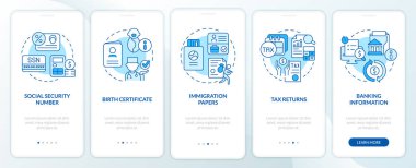 Mobil uygulama ekranında mavi sosyal program uygulaması. Dokümanlar, doğrusal kavramları olan 5 aşamalı grafik talimatları sayfalarında gezinirler. UI, UX, GUI şablonu. Kullanılan sayısız Pro-Kalın, Düzenli yazı tipleri