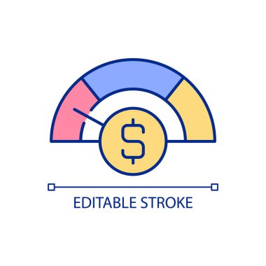 Gelir RGB renk simgesinde azalma. Maliyetleri düşürüyorum. Ekonomik durum. Şirket satışlarında değişiklikler. İzole vektör çizimi. Basit bir çizgi çizimi. Düzenlenebilir felç. Kullanılan Arial yazı tipi