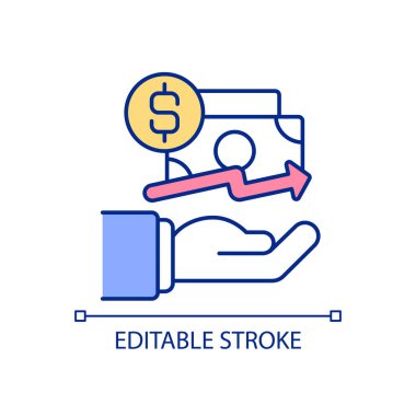 Kârlılığı arttıran RGB renk simgesi. Daha yüksek maaşlı bir iş. Kâr ve satışları arttırıyorum. Tazminat al. İzole vektör çizimi. Basit bir çizgi çizimi. Düzenlenebilir felç. Kullanılan Arial yazı tipi