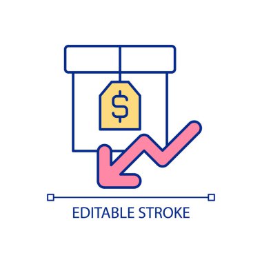 Ürün RGB renk simgesinin maliyeti azaltılıyor. İş yerinde fiyat indirimi. Mal satıyorum. Fiyatı düşürme stratejisi. İzole vektör çizimi. Basit bir çizgi çizimi. Düzenlenebilir felç. Kullanılan Arial yazı tipi