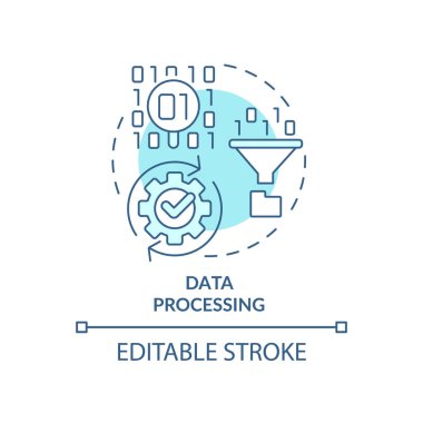 Veri işleme turkuaz konsept simgesi. Büyük veri manipülasyonu soyut fikir ince çizgi çizimi. Çıktı oluşturuluyor. İzole bir taslak çizim. Düzenlenebilir felç. Arial, Myriad Pro-Kalın yazı tipleri