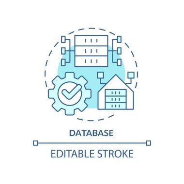 Veritabanı turkuaz konsept simgesi. Elektronik veri depolama fikri soyut ince çizgi çizimi. Bilgisayar bilimi. İzole bir taslak çizim. Düzenlenebilir felç. Arial, Myriad Pro-Kalın yazı tipleri