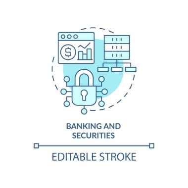 Bankacılık ve menkul kıymetler turkuvaz konsept simgesi. Büyük veri uygulaması soyut fikir ince çizgi çizimi. Riskleri azaltıyor. İzole bir taslak çizim. Düzenlenebilir felç. Arial, Myriad Pro-Kalın yazı tipleri