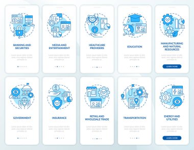 Big data applications blue onboarding mobile app screen set. Analysis walkthrough 5 steps graphic instructions pages with linear concepts. UI, UX, GUI template. Myriad Pro-Bold, Regular fonts used