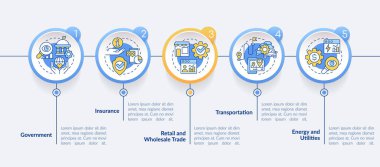 Büyük veri uygulamaları çember bilgi şablonu türleri. Veri görselleştirmesi 5 adımda. İşlem zaman çizelgesi bilgi şeması. Satır simgeleriyle çalışma akışı düzeni. Kullanılan Lato Kalın, Düzenli yazı tipleri