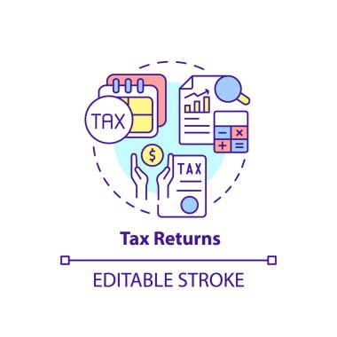 Tax returns concept icon. Financial information. Tax refund. Application abstract idea thin line illustration. Isolated outline drawing. Editable stroke. Arial, Myriad Pro-Bold fonts used