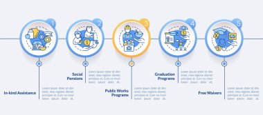 Sosyal yardım örnekleri çember bilgi şablonu. Veri görselleştirmesi 5 adımda. İşlem zaman çizelgesi bilgi şeması. Satır simgeleriyle çalışma akışı düzeni. Kullanılan Lato Kalın, Düzenli yazı tipleri