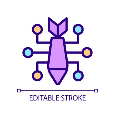 Siber saldırı pikseli mükemmel RGB renk simgesi. Siber Suçlar. Kötü amaçlı yazılım yerleştirin. Hackleme aktivitesi. Bilgi sızıntısı. İzole vektör çizimi. Basit bir çizgi çizimi. Düzenlenebilir felç. Kullanılan Arial yazı tipi