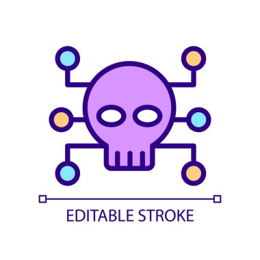 Siber suç pikseli mükemmel RGB renk simgesi. Suç ve yasa dışı faaliyetler. Kötü niyetli bilgisayar ağı saldırısı. İzole vektör çizimi. Basit bir çizgi çizimi. Düzenlenebilir felç. Kullanılan Arial yazı tipi