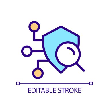 Güvenlik taraması pikseli mükemmel RGB renk simgesi. Sistem zayıflıklarını tespit ediyorum. Zayıf noktalarını, kusurlarını araştırıyorum. İzole vektör çizimi. Basit bir çizgi çizimi. Düzenlenebilir felç. Kullanılan Arial yazı tipi