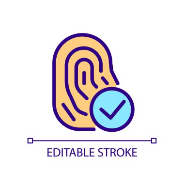 Biyometrik piksel mükemmel RGB renk simgesi. Parmak izi taraması. Kullanıcı kimliği. Erişim onayı. İzole vektör çizimi. Basit bir çizgi çizimi. Düzenlenebilir felç. Kullanılan Arial yazı tipi