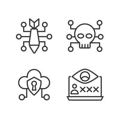 Kötü niyetli çevrimiçi aktivite pikseli mükemmel doğrusal simgeler ayarlandı. Siber saldırı. Siber Suçlar. Kötü amaçlı casus yazılım. Özelleştirilebilir ince çizgi sembolleri. İzole vektör çizimi çizimleri. Düzenlenebilir vuruş