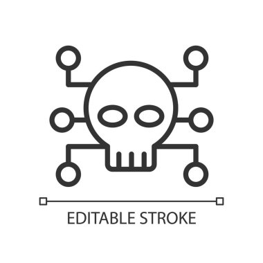 Siber suç pikseli mükemmel doğrusal simge. Suç ve yasa dışı faaliyetler. Kötü niyetli bilgisayar ağı saldırısı. İnce çizgili çizim. Contour sembolü. Vektör çizimi. Düzenlenebilir felç. Kullanılan Arial yazı tipi