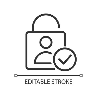 Kullanıcı doğrulama piksel mükemmel doğrusal simge. Kimlik doğrulaması. Kişisel doğrulama. İnce çizgili çizim. Contour sembolü. Vektör çizimi. Düzenlenebilir felç. Kullanılan Arial yazı tipi