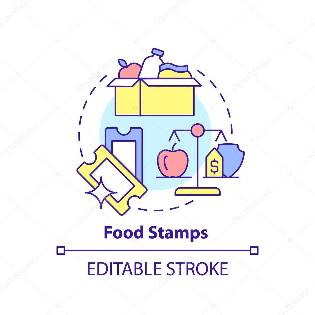 Food stamps concept icon. Low income people support. Government benefit abstract idea thin line illustration. Isolated outline drawing. Editable stroke. Arial, Myriad Pro-Bold fonts used