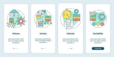 Mobil uygulama ekranındaki büyük verilerin özellikleri. Dijitalleştirme 4 adım grafik talimatları sayfaları doğrusal kavramlarla birlikte. UI, UX, GUI şablonu. Kullanılan sayısız Pro-Kalın, Düzenli yazı tipleri