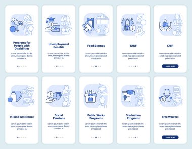 Mobil uygulama ekranında açık mavi sosyal yardım. Programlar, doğrusal kavramları olan 5 aşamalı grafik talimatlar sayfalarını gezer. UI, UX, GUI şablonu. Kullanılan sayısız Pro-Kalın, Düzenli yazı tipleri