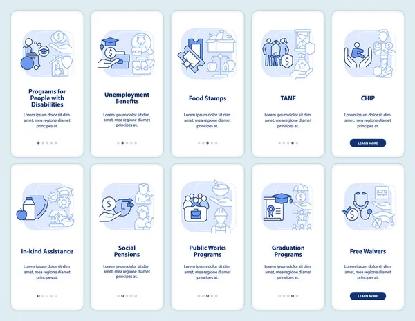 Κοινωνική Βοήθεια Ανοιχτό Μπλε Onboarding Mobile App Οθόνη Σετ Προγράμματα — Διανυσματικό Αρχείο