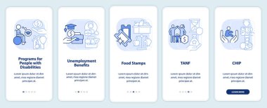 Hükümet seyyar uygulama ekranında açık mavi renkten faydalanıyor. Çizgisel kavramlarla dolu 5 aşamalı grafik talimatları. UI, UX, GUI şablonu. Kullanılan sayısız Pro-Kalın, Düzenli yazı tipleri