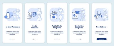 Sosyal yardım örnekleri seyyar uygulama ekranında açık mavi. Çizgisel kavramlarla dolu 5 aşamalı grafik talimatları. UI, UX, GUI şablonu. Kullanılan sayısız Pro-Kalın, Düzenli yazı tipleri