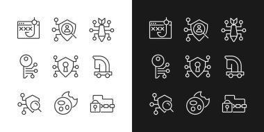 Kötü amaçlı yazılım ve koruma pikseli. Karanlık ve aydınlık modlar için mükemmel doğrusal simgeler. Phishing ve siber saldırı. Erişim kontrolü. Gece ve gündüz teması için ince çizgi sembolleri. İzole çizimler. Düzenlenebilir vuruş