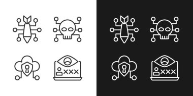 Kötü niyetli çevrimiçi aktivite pikseli. Karanlık, aydınlık mod için mükemmel doğrusal simgeler. Siber saldırı. Siber Suçlar. Kötü amaçlı casus yazılım. Gece ve gündüz teması için ince çizgi sembolleri. İzole çizimler. Düzenlenebilir vuruş