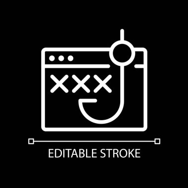 Phishing piksel koyu tema için mükemmel beyaz doğrusal simge. Sosyal mühendislik. Bilgi çalmak. Siber suçlar. İnce çizgili çizim. Gece modu için izole edilmiş sembol. Düzenlenebilir felç. Kullanılan Arial yazı tipi