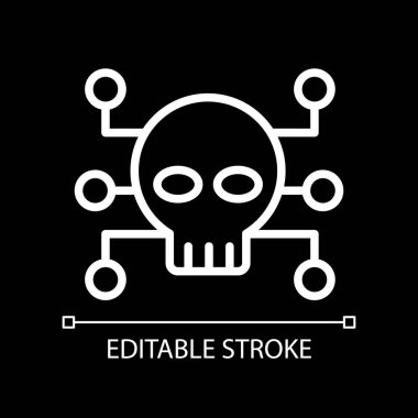 Siber suç pikseli koyu tema için mükemmel beyaz doğrusal simge. Suç ve yasa dışı faaliyetler. Kasıtlı saldırı. İnce çizgili çizim. Gece modu için izole edilmiş sembol. Düzenlenebilir felç. Kullanılan Arial yazı tipi