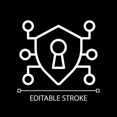 Karanlık tema için güvenli veri pikseli mükemmel beyaz doğrusal simge. Bilgiyi kötü niyetli tehditlerden korumak. İnce çizgili çizim. Gece modu için izole edilmiş sembol. Düzenlenebilir felç. Kullanılan Arial yazı tipi