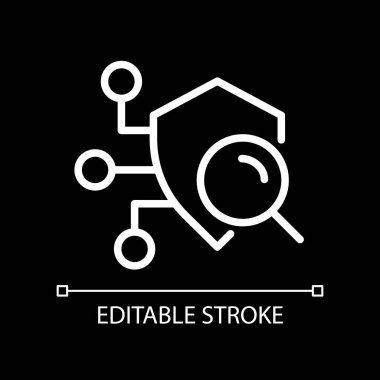 Güvenlik taraması pikseli koyu renk tema için mükemmel beyaz doğrusal simge. Zayıflıkları tespit etmek. Zayıf noktaları araştırıyorum. İnce çizgili çizim. Gece modu için izole edilmiş sembol. Düzenlenebilir felç. Kullanılan Arial yazı tipi