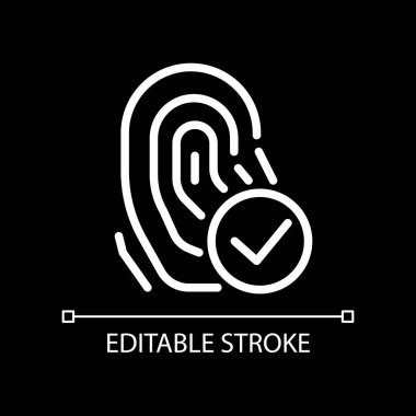 Koyu tema için biyometrik piksel kusursuz beyaz doğrusal simge. Parmak izi taraması. Kullanıcı kimliği. İnce çizgili çizim. Gece modu için izole edilmiş sembol. Düzenlenebilir felç. Kullanılan Arial yazı tipi