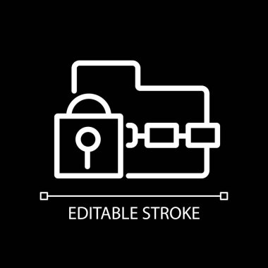 Fidye yazılımı pikseli koyu tema için mükemmel beyaz doğrusal simge. Kötü niyetli program. Kriptoviral gasp. İnce çizgili çizim. Gece modu için izole edilmiş sembol. Düzenlenebilir felç. Kullanılan Arial yazı tipi