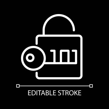 Karanlık tema için şifreleme pikseli mükemmel beyaz doğrusal simge. Şifrelenmiş veriyi orijinal şekle dönüştür. İnce çizgili çizim. Gece modu için izole edilmiş sembol. Düzenlenebilir felç. Kullanılan Arial yazı tipi