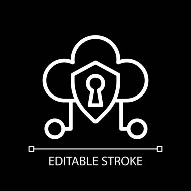 Bulut güvenlik pikseli koyu tema için mükemmel beyaz doğrusal simge. Veri ve bilgi koruması. İnce çizgili çizim. Gece modu için izole edilmiş sembol. Düzenlenebilir felç. Kullanılan Arial yazı tipi