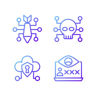 Kötü niyetli çevrimiçi aktivite pikseli mükemmel gradyan doğrusal vektör simgeleri ayarlandı. Siber saldırı. Siber Suçlar. Kötü amaçlı casus yazılım. İnce çizgili sembol demetleri dizayn eder. İzole edilmiş taslak illüstrasyon koleksiyonu