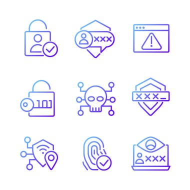 Siber güvenlik teknolojileri pikseli mükemmel gradyan vektör simgeleri ayarlandı. Kullanıcı doğrulaması. Şifreli mesajlar. İnce çizgili sembol demetleri dizayn eder. İzole edilmiş taslak illüstrasyon koleksiyonu