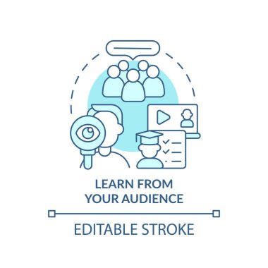 Seyirci turkuaz konsept simgenizden öğrenin. İnsanlar ilk olarak soyut fikirlerin ince çizgi çizimleri üzerinde kafa yorar. İzole bir taslak çizim. Düzenlenebilir felç. Arial, Myriad Pro-Kalın yazı tipleri