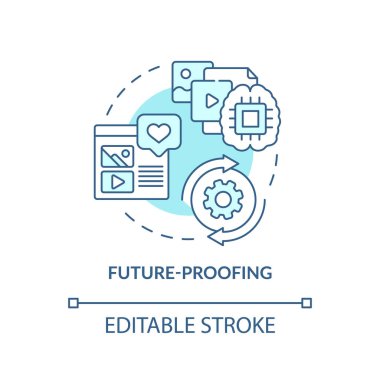 Geleceğin turkuaz konsept ikonu. Dijital ilk zihniyet soyut fikir ince çizgi çizimi için önemlidir. İzole bir taslak çizim. Düzenlenebilir felç. Arial, Myriad Pro-Kalın yazı tipleri