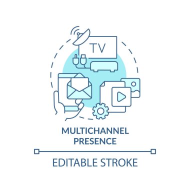 Çok kanallı varlık turkuaz konsept simgesi. Çevrimiçi platformlar. Dijital ilk profesyoneller soyut fikir ince çizgi çizimi. İzole bir taslak çizim. Düzenlenebilir felç. Arial, Myriad Pro-Kalın yazı tipleri