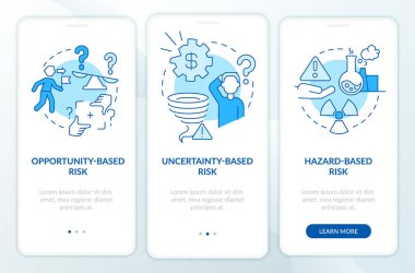 Mobil uygulama ekranında mavi tipli riskler. Çizgisel kavramlar içeren 3 aşamalı grafik komut sayfaları incelenirken sorunlar. UI, UX, GUI şablonu. Kullanılan sayısız Pro-Kalın, Düzenli yazı tipleri