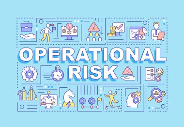 Operasyonel risk kelimesi mavi pankartı içeriyor. İş mali güvenliği. Renk arkaplanında simgeleri olan bilgi grafikleri. İzole tipografi. Metinli vektör illüstrasyonu. Kullanılan Arial-Black yazı tipi