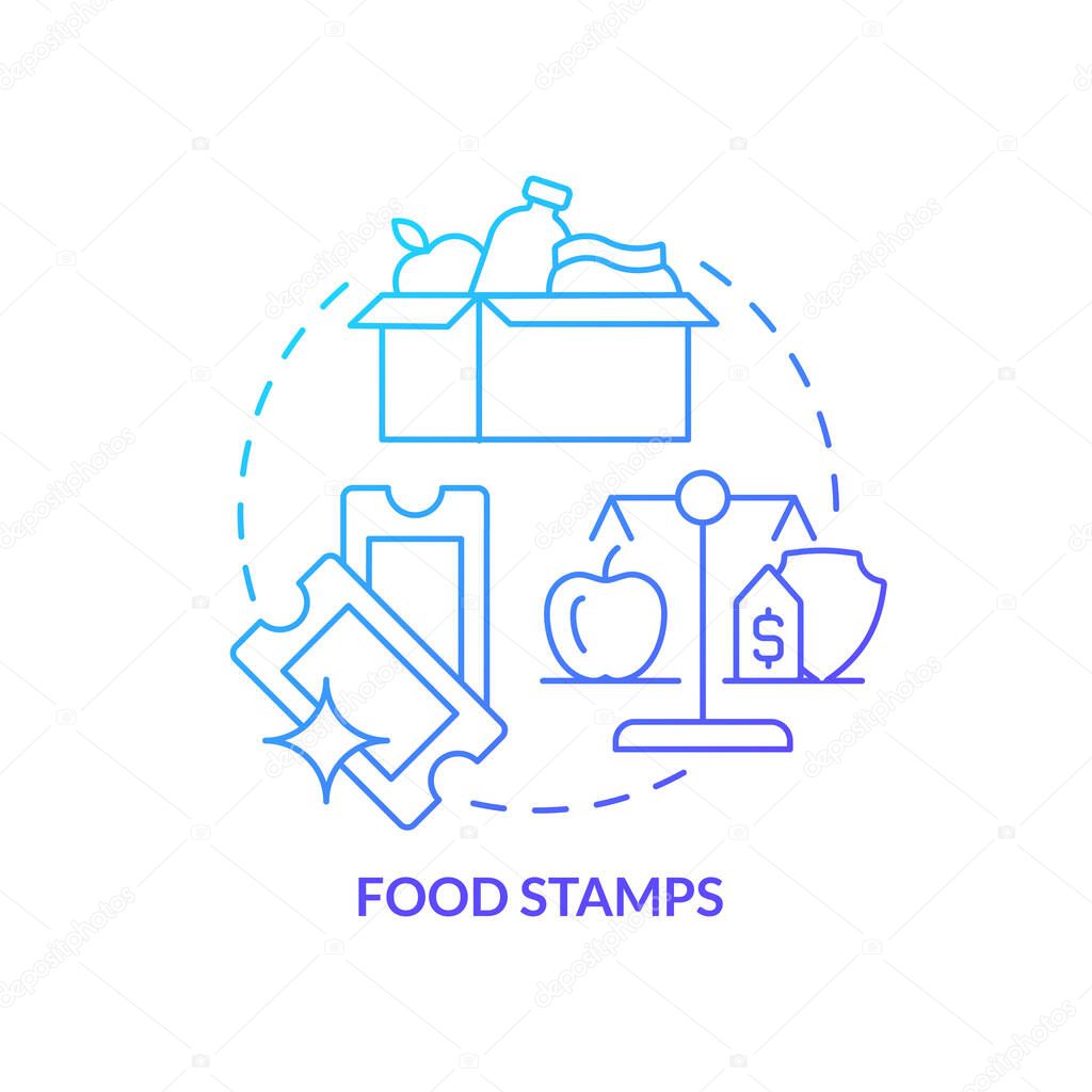 Food stamps blue gradient concept icon. Low income people support. Government benefit and help abstract idea thin line illustration. Isolated outline drawing. Myriad Pro-Bold font used